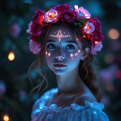 The primary subject of the image is a woman wearing a flower crown and makeup. She is standing in front of a forest, which serves as the setting and background of the scene. The visual style of the image is a combination of photo and digital art, creating a unique and artistic representation of the woman. The colors and mood of the image are predominantly blue and pink, giving it a serene and enchanting atmosphere.